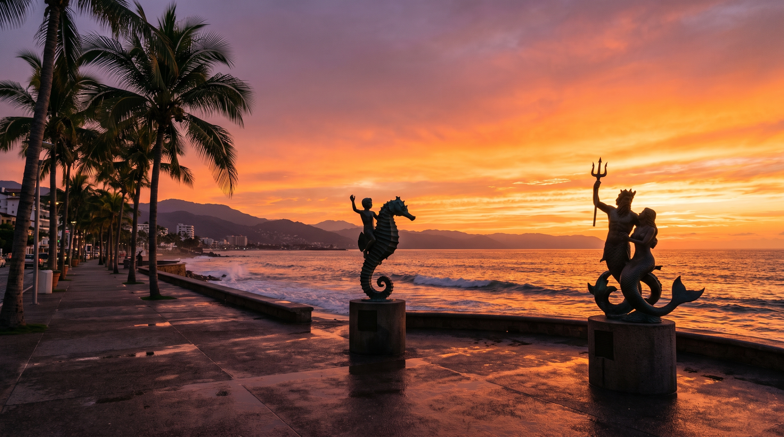 Terraza minimalista con vista al atardecer sobre el Malecon de Puerto Vallarta