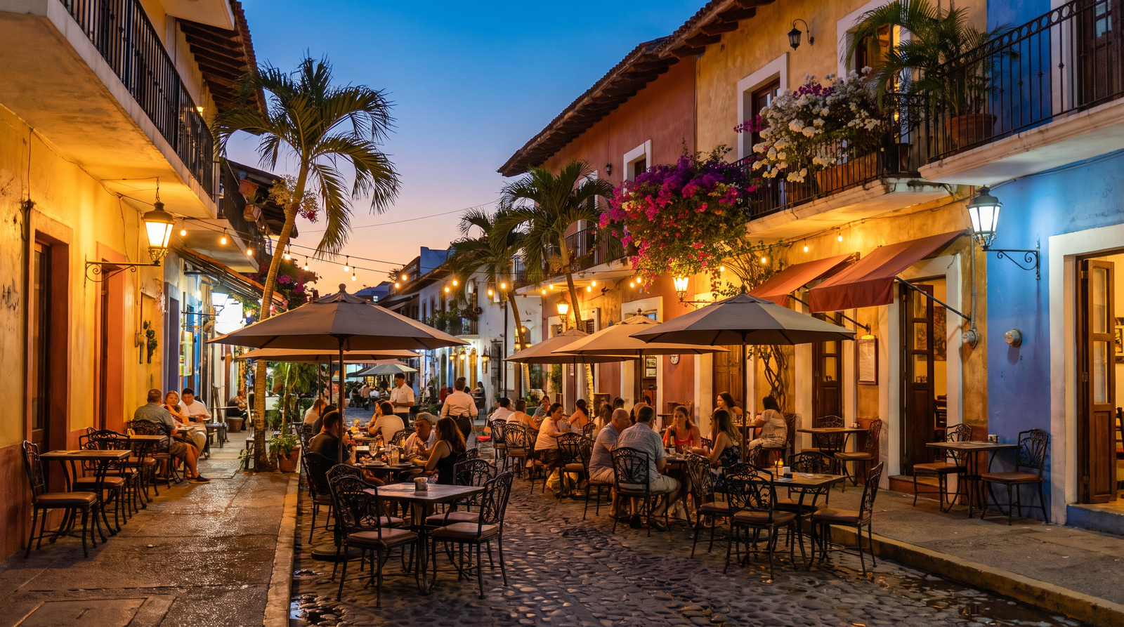 Terraza minimalista de un restaurante de alta cocina en Puerto Vallarta al atardecer